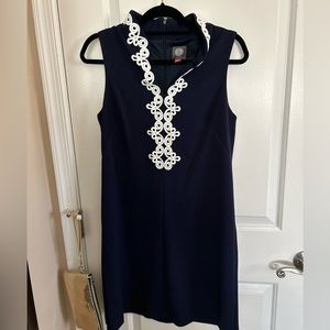 Sz 10 VINCE CAMUTO Sleeveless Dress,Navy Blue with white embroidered lace